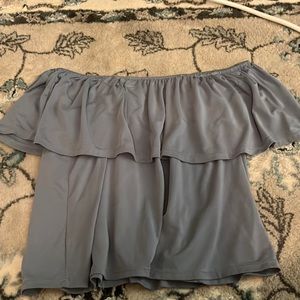 blue off the shoulder shirt